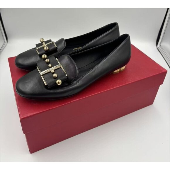 Salvatore Ferragamo Sarno Studded Bow Loafers Black& Gold 6D - Picture 8 of 9